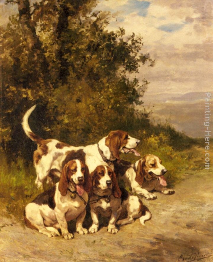 Charles Olivier De Penne Hunting Dogs on a Forest Path